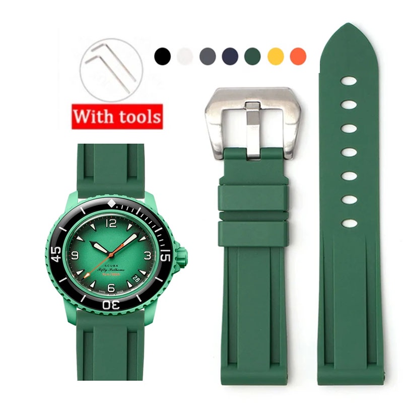 22 毫米 TPU 錶帶適用於 Blancpain X S-Watch 聯名五十 系列銀黑色扣矽膠錶帶防水運動手腕手鍊