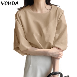 Vonda 女式韓版圓領七分袖袖口打結純色襯衫