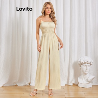 Lovito 波西米亞女素色褶飾連身褲 LBL06085 (卡其色)