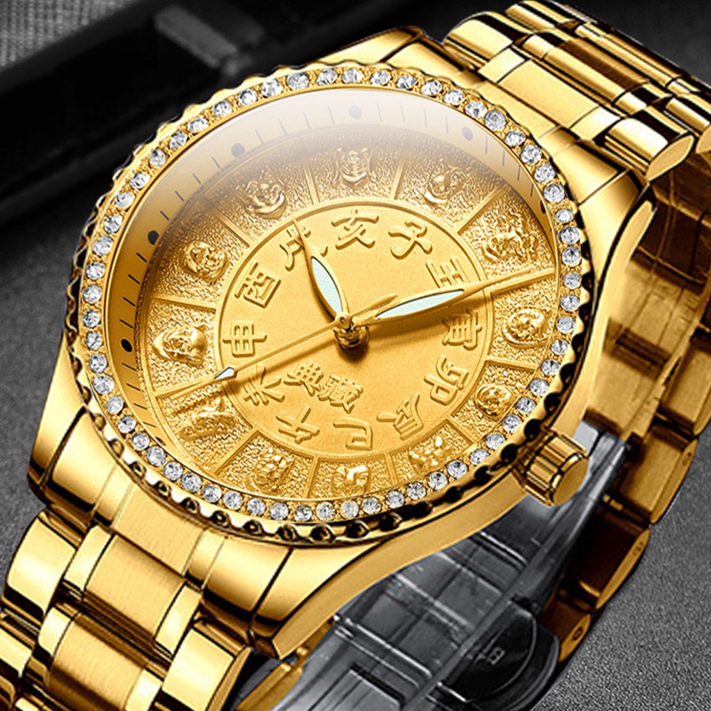 手錶鍍金色鑲鑽錶盤生肖男石英錶防水金錶