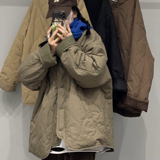 韓版複古大尺碼女裝休閒棉上衣外套2024冬季輕薄圓領菱形格上衣女裝潮冬天套裝