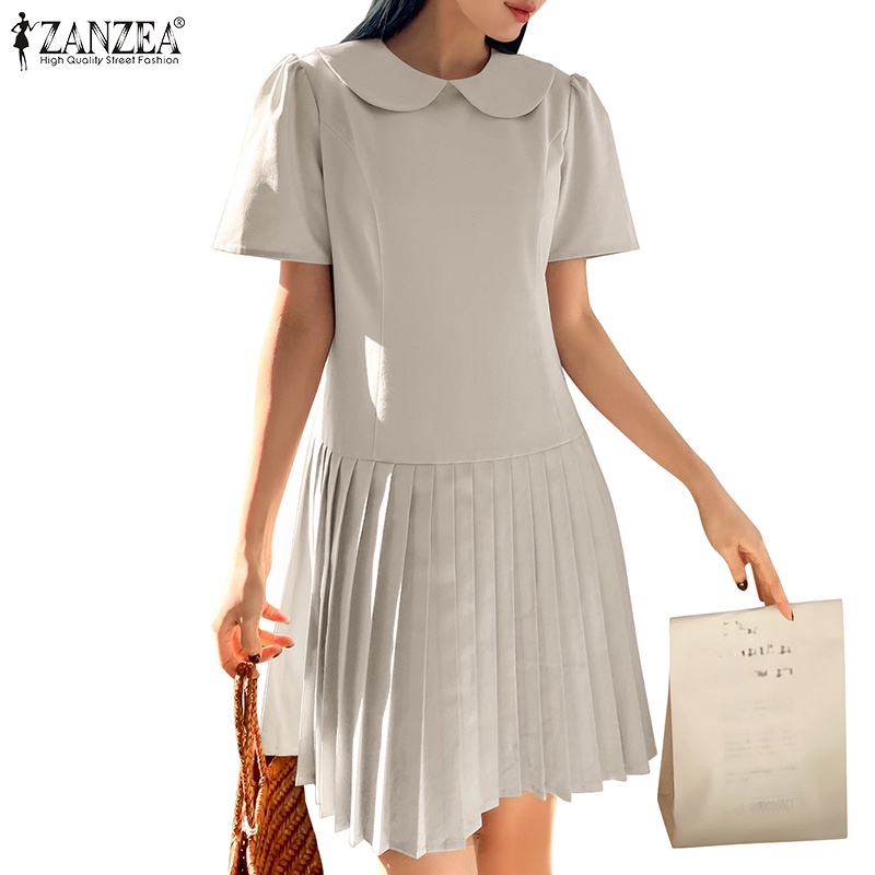 Zanzea 女式韓版女童 Polo 領短袖泡泡袖拉鍊寬鬆連衣裙