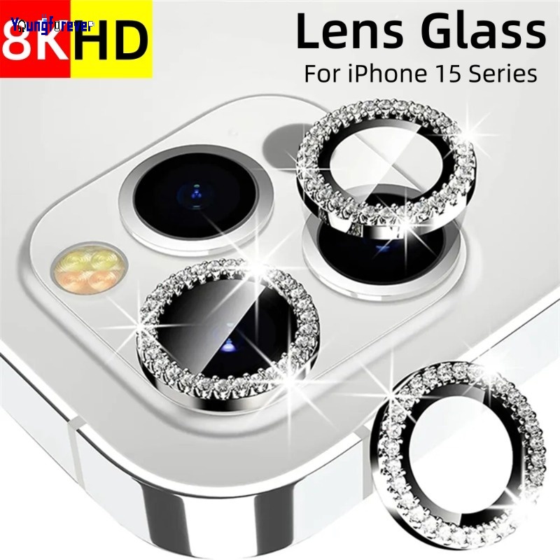 彩色防指紋鑽石閃光鏡頭鋼化玻璃膜兼容 Apple iPhone 15 15Plus 15Pro Max 防刮高清相機屏幕