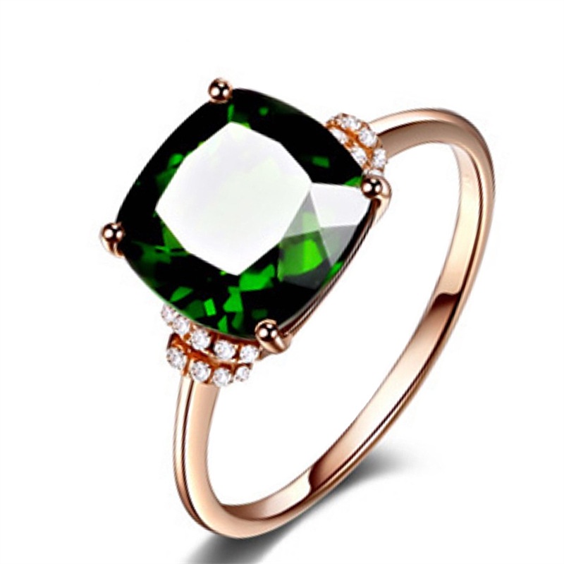 新款時尚女戒指 祖母綠正方鑽戒指 彩色璀璨寶石戒指 青翠欲滴透輝石鮮綠戒指