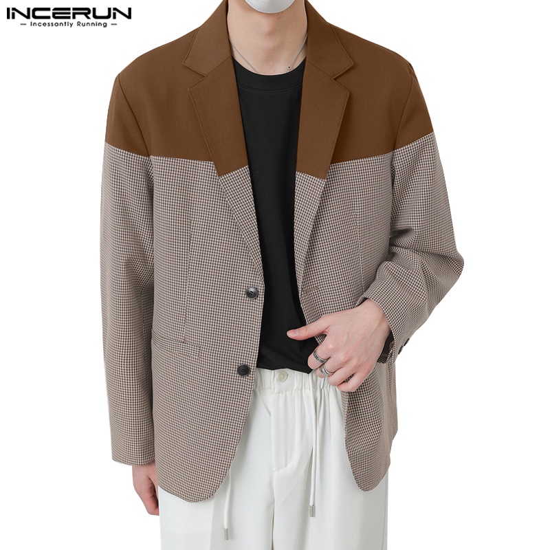 Incerun 男士韓版格子拼佈設計拼接彩色休閒西裝外套