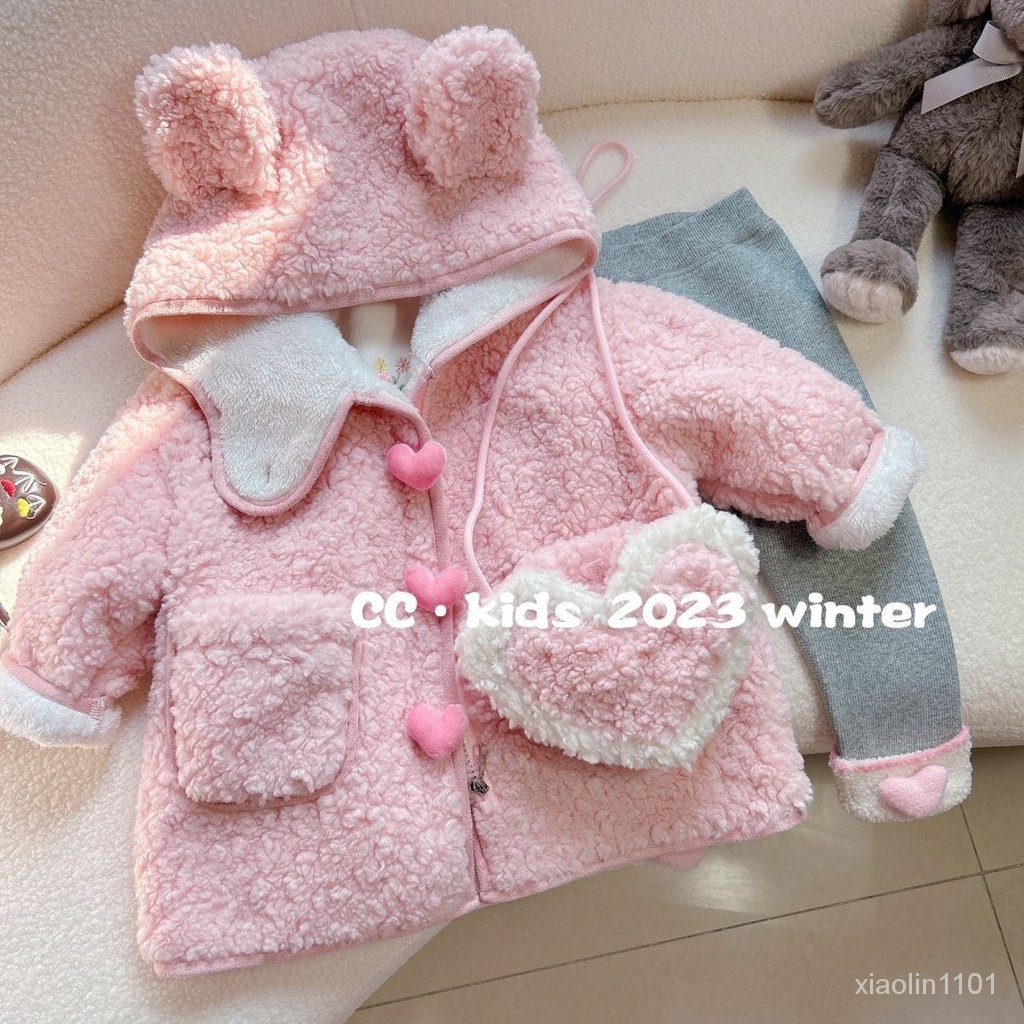 韓系女童冬季新款時髦洋氣羔羊毛連帽外套灰色刷毛內搭褲兩件套潮
