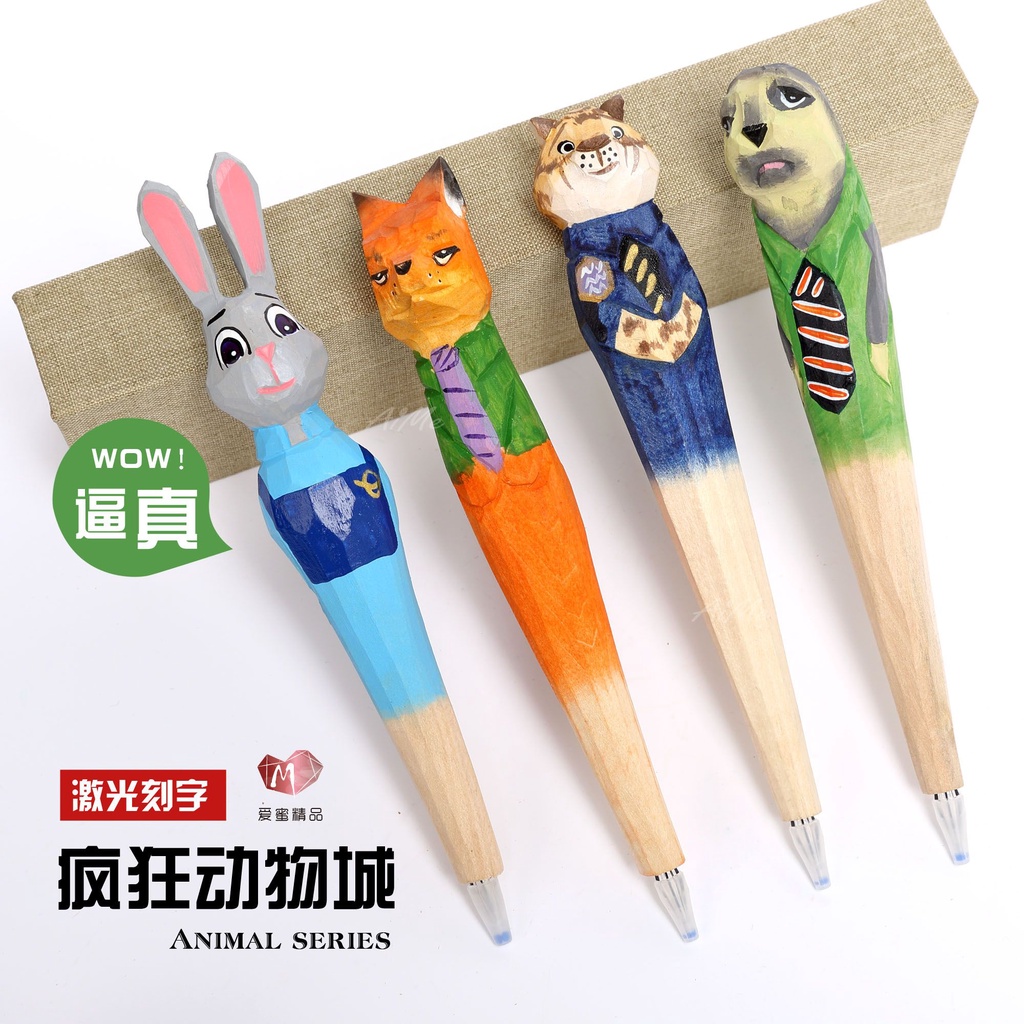 【現貨發售】抖音同款木頭筆可愛卡通動物木雕筆工藝禮品中性筆學生創意簽字筆文具