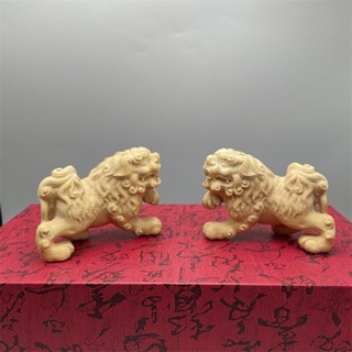 木雕獅子小擺件 小葉黃楊木雕獅子小擺件一對北京獅實木雕刻宮門獅家居客廳裝飾品
