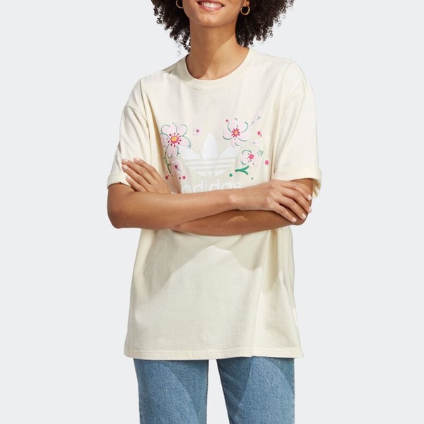 Adidas Oversized Tee IP3751 女 短袖 上衣 T恤 亞洲版 經典 三葉草 寬鬆 花卉 米黃