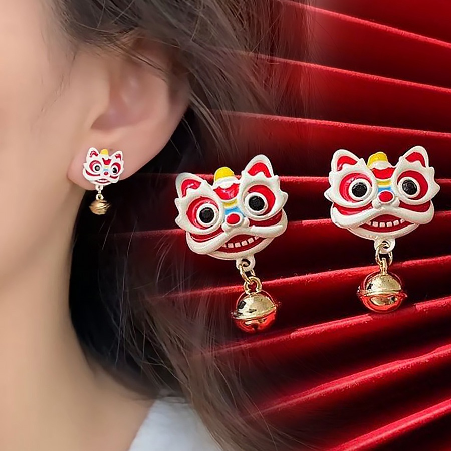 新中式國風紅色小獅子過年喜慶新年款時尚耳環