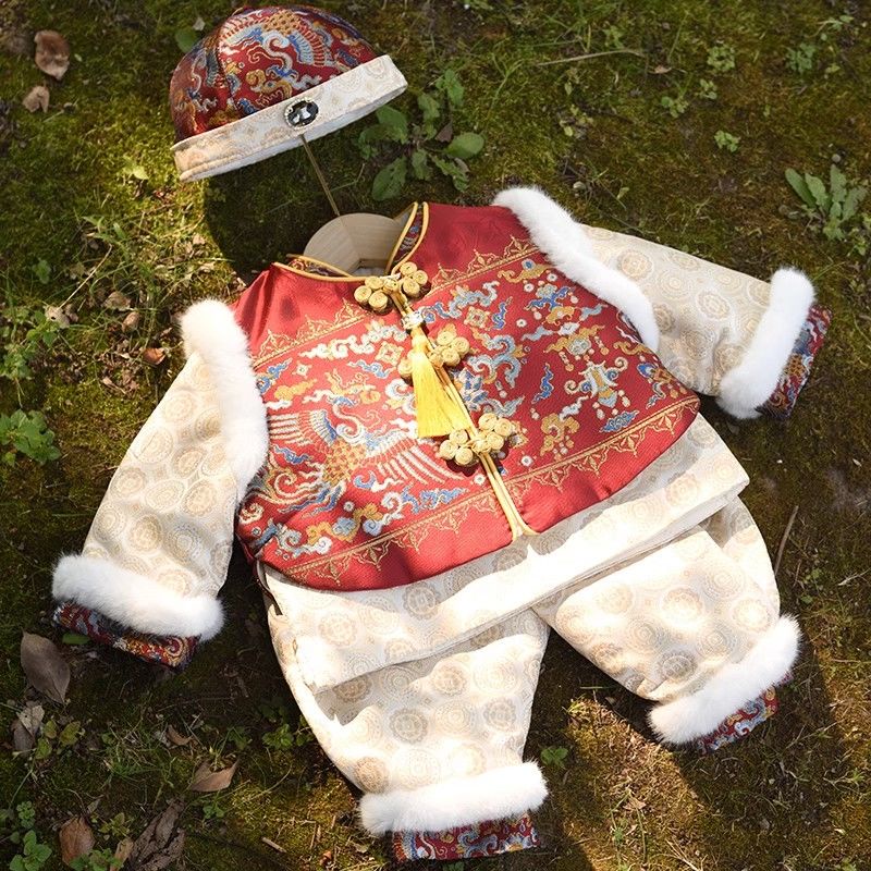 嬰兒 唐裝 冬裝 刷毛加厚 中國風 一週歲 男童 禮服 拜年服 小寶寶 漢服 過年服 週歲百天
