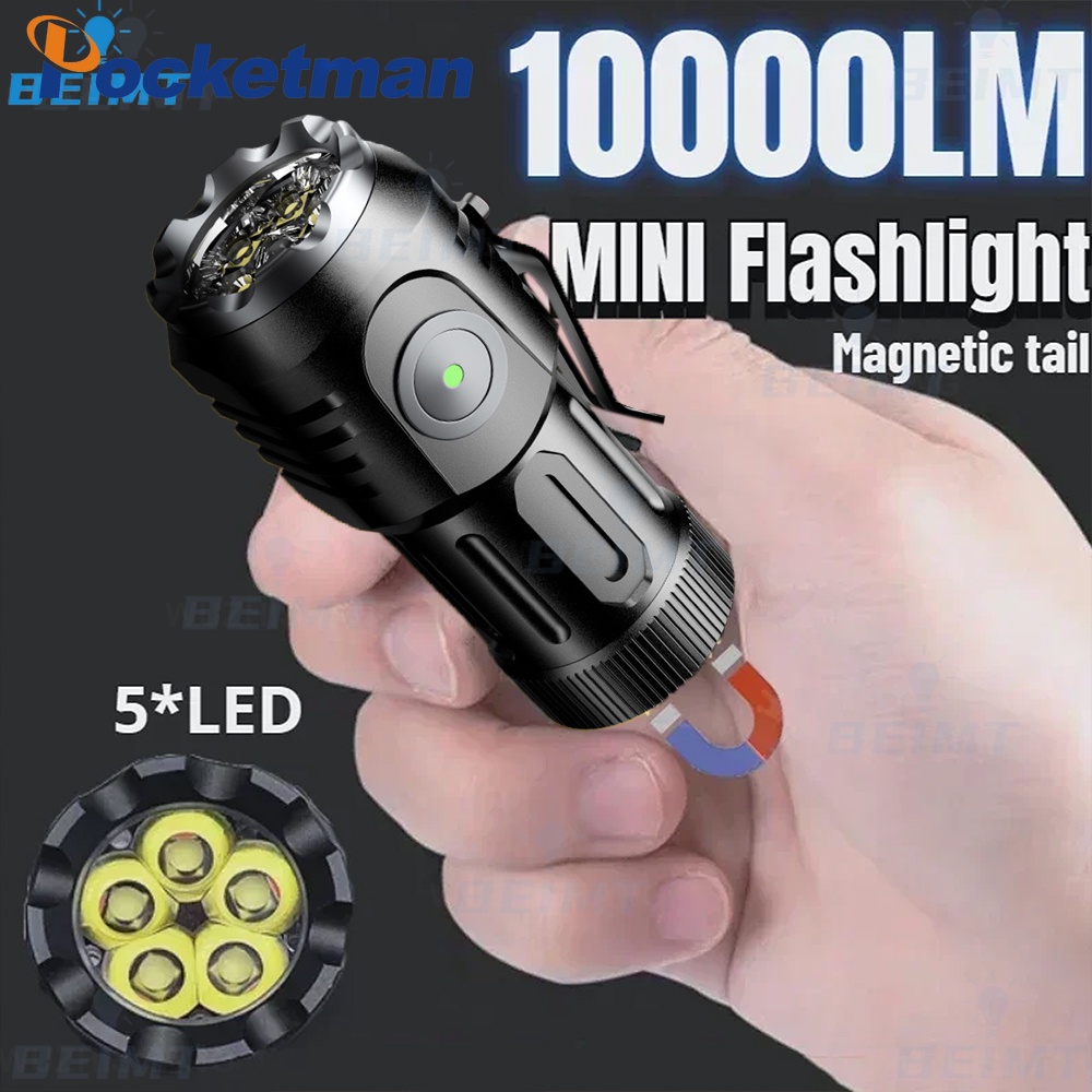 100000lm 迷你 5*Led 手電筒 USB 可充電帶 18350 電池強力戶外手電筒野營燈 COB 工作燈