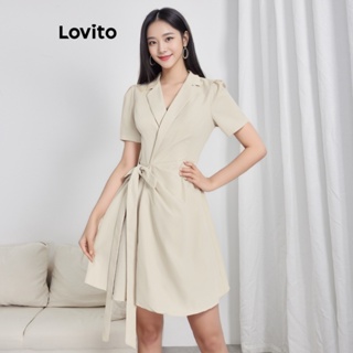 Lovito 女款休閒素色裹身抽繩洋裝 LBE04127 (米白色)