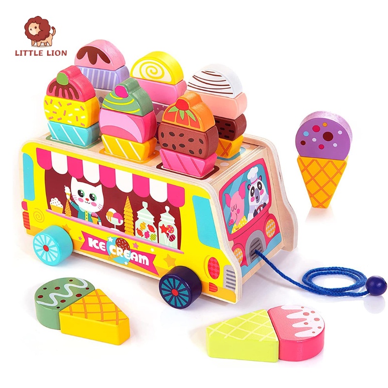 【小獅子】拖拉冰淇淋車 過家家玩具 拖車玩具 兒童益智玩具 木製 冰激凌拖拉形狀顏色認知配對冰淇淋車 形狀配對玩具
