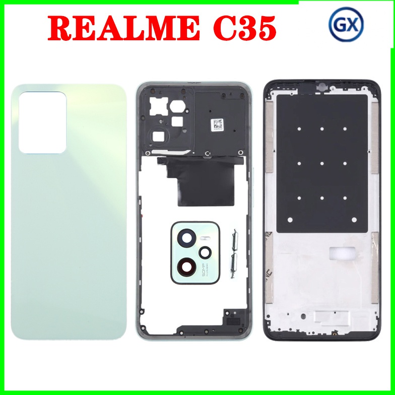 Realme C35 LCD 前中框擋板組 RMX3511 電源按鈕的電池後蓋後門外殼