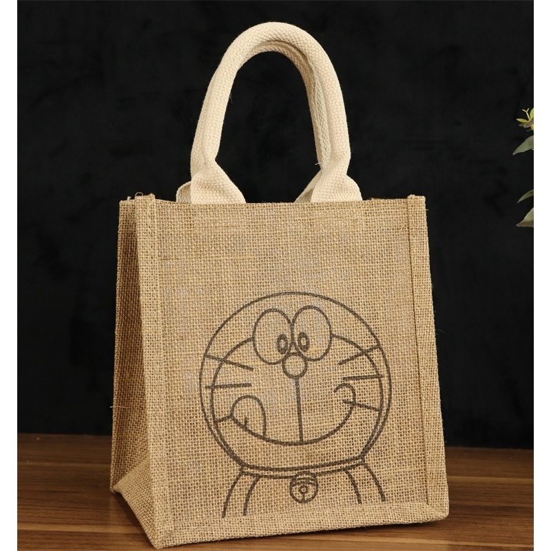 包包素色印花托特包亞麻手繪圖案麻布袋子大容量旅行斜背包防水可愛棉麻袋
