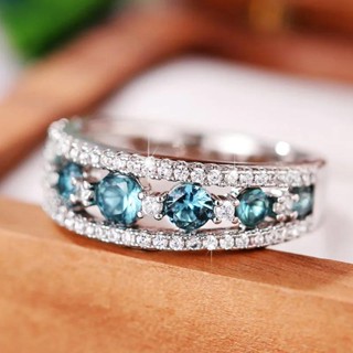 925 純銀獨特設計藍色/白色立方氧化鋯戒指結婚戒指配飾女士週年紀念新款時尚首飾