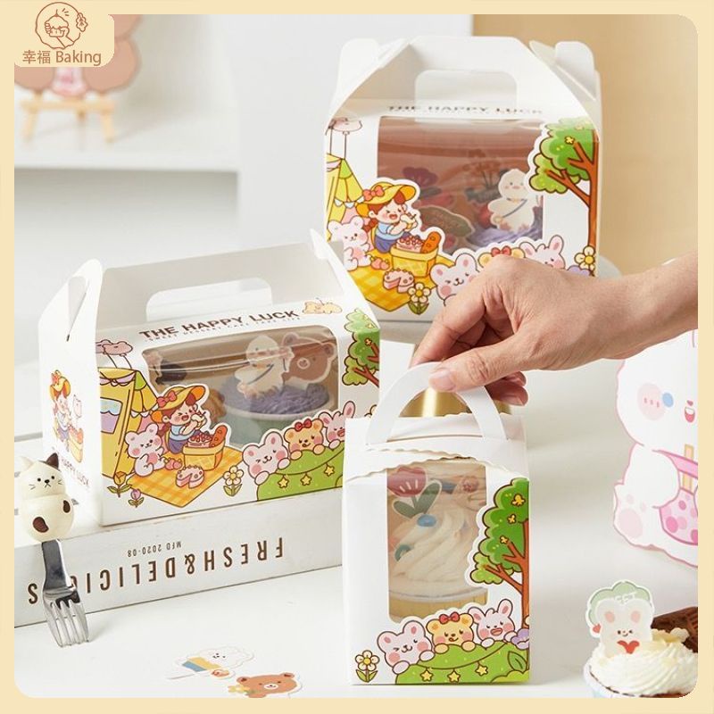 【幸福Baking】10套入 卡通款手提紙杯 1/2/4/6粒蛋糕盒 手提蛋糕盒子 慕斯木糠布丁馬芬杯包裝盒 甜品包裝盒