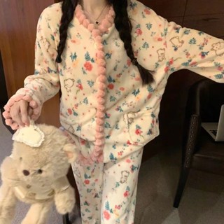 現貨.睡衣冬天 韓版新款珊瑚絨睡衣女冬碎花兔子熊貓加厚珊瑚絨保暖家居服套裝可外穿 睡衣裙性感睡衣 大尺碼睡衣 情侶睡衣