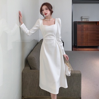 乘法 實拍早秋新款法式氣質長裙別緻獨特輕奢高級感白色洋裝子FF