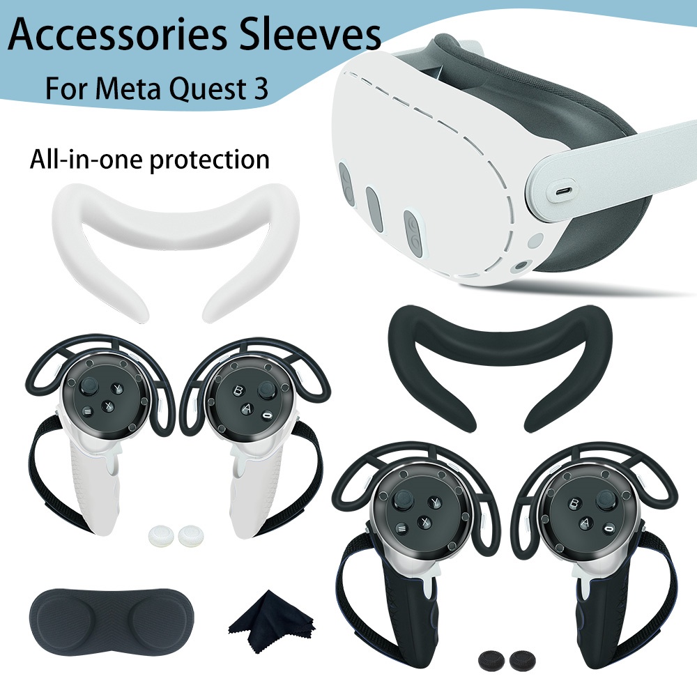 6 合 1 完整 VR 配件適用於 Meta Quest3 耳機控制器手柄矽膠套、面罩、鏡頭保護器、搖桿帽
