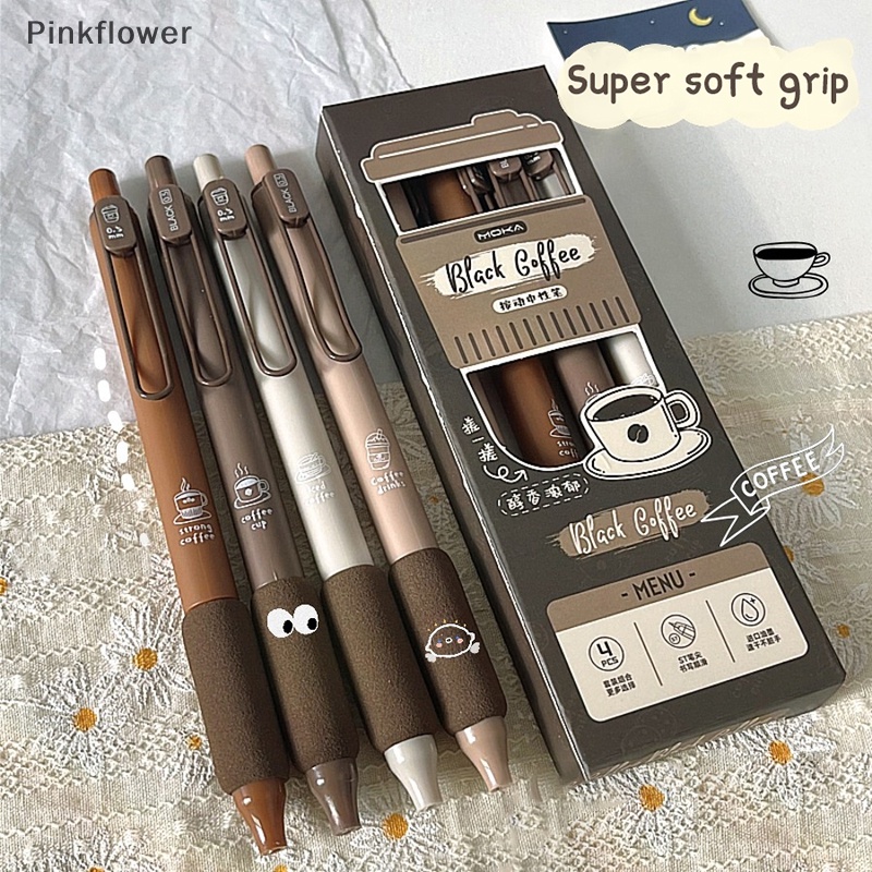 Pinkflower 4 支咖啡軟麵包中性筆套裝 0.5 毫米黑色墨水,適用於 Wrig Office 學校文具用品 E
