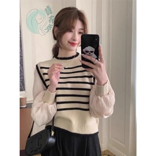 假兩件泡泡袖法式毛衣女秋冬2025新款小個子小眾條紋別致長袖上衣