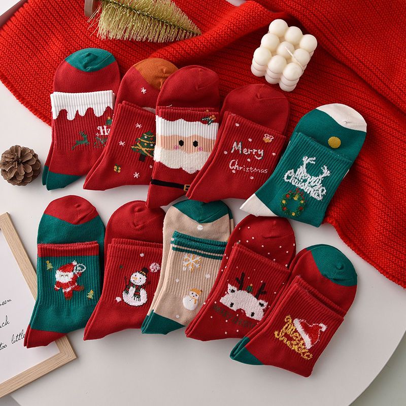 耶誕襪子女中筒襪秋冬季紅色本命年襪子情侶耶誕節禮物長筒襪批發