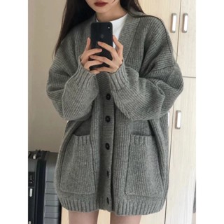 【晴天.Studio】高階感灰色慵懶風針織毛衣外套開衫女新款春秋裝中長款上衣潮