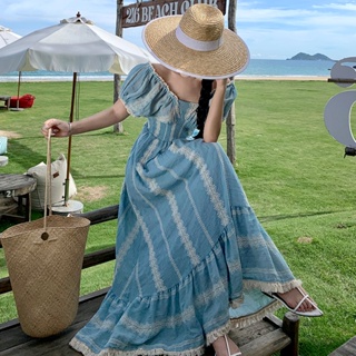 實拍海邊度假洋裝女夏氣氛感藍色民族風溫柔氣質復古新長裙子