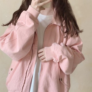 【HOSS】小香風外套女 粉色外套 女生外套 寬鬆 休閑 百搭 長袖上衣 拉鏈外套 小個子短版風衣夾克