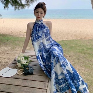 藍白裙 青花水墨休閒版型A字裙海邊度假亞麻印花洋裝