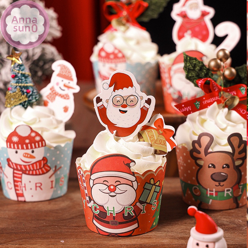 Annasun 2024 聖誕紙杯蛋糕高溫烤箱空氣炸鍋鬆餅紙杯蛋糕裝飾聖誕裝飾品家庭聖誕裝飾品 HG