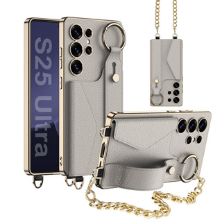 適用於Samsung S25 Ultra S24 Ultra 手機殼 三星S23 Ultra 插卡掛繩電鍍腕帶防摔保護套
