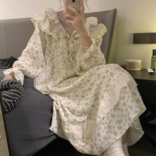 【有幸時光】ins風韓系小眾甜美碎花睡裙 長袖睡裙 春秋夏季新款花邊可愛減齡睡衣 家居服 長款睡裙