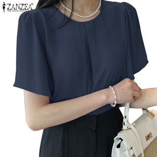 Zanzea 女式韓版荷葉邊短袖圓領正面中心褶襉襯衫