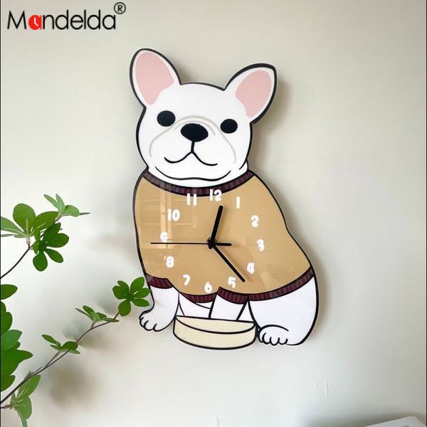 Mandelda卡通創意白色法鬥狗狗裝飾掛牆鐘錶客廳寵物店可愛靜音時鐘掛鐘