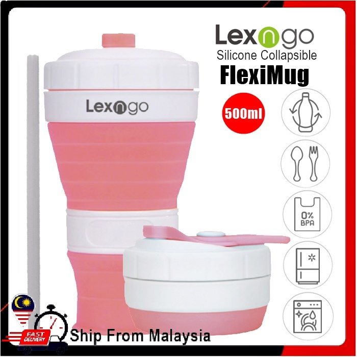 旅行咖啡杯防溢 500ml - LEXNGO 矽膠杯帶蓋和吸管/Silikon Lipat Cawan Kopi 矽膠折