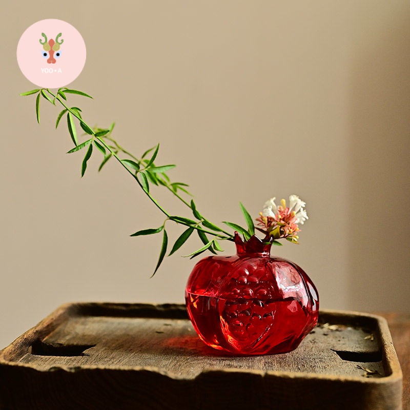 【優安林】☘現貨☘簡約中式紅色玻璃石榴花器餐桌茶席桌面花瓶擺件水培植物高顏值