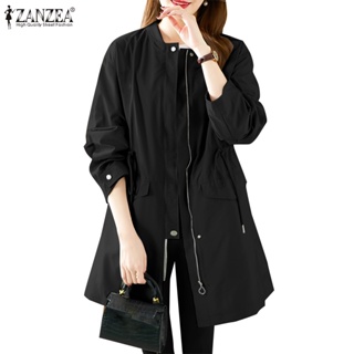 Zanzea 女式韓版長袖鈕扣袖口前拉鍊圓領大衣
