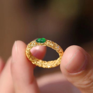 冰種楊綠玉髓葫蘆戒指如意紋鑲嵌925純銀戒指