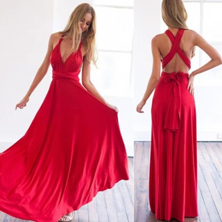 性感禮服 綁帶紅色洋裝長裙禮服伴娘服