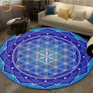 藍色生命之花地毯精神神祕魔法圓形地毯廚房客廳臥室椅子地毯神聖幾何裝飾