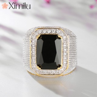 ❤ 原創奢華黑藍鑽銀戒指男嘻哈分金霸氣正方藍寶石飾品