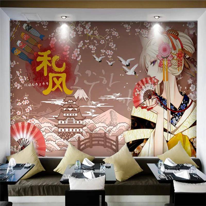 定制日本料理櫻桃美人牆紙 3d 日本壽司拉麵餐廳工業裝飾背景壁畫壁紙 3d