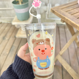 可愛loopy 玻璃杯含蓋 loopy水杯 玻璃吸管杯 玻璃水杯 玻璃杯子 玻璃咖啡杯 玻璃隨行杯 耐熱玻璃杯 韓國玻璃