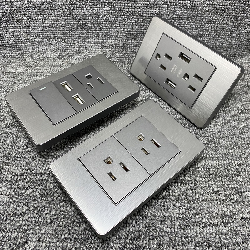 美規臺灣110v美式面板USB牆壁開關面板美規電源插座金屬不鏽鋼灰