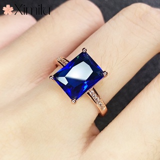 奢華長方形藍水晶戒指女藍寶石玫瑰金飾品紫水晶禮物