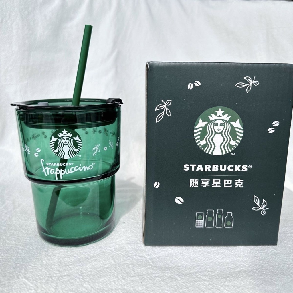 星巴克星冰樂Fappuccino復古墨綠隨享小綠杯玻璃吸管杯隨行咖啡杯420ml