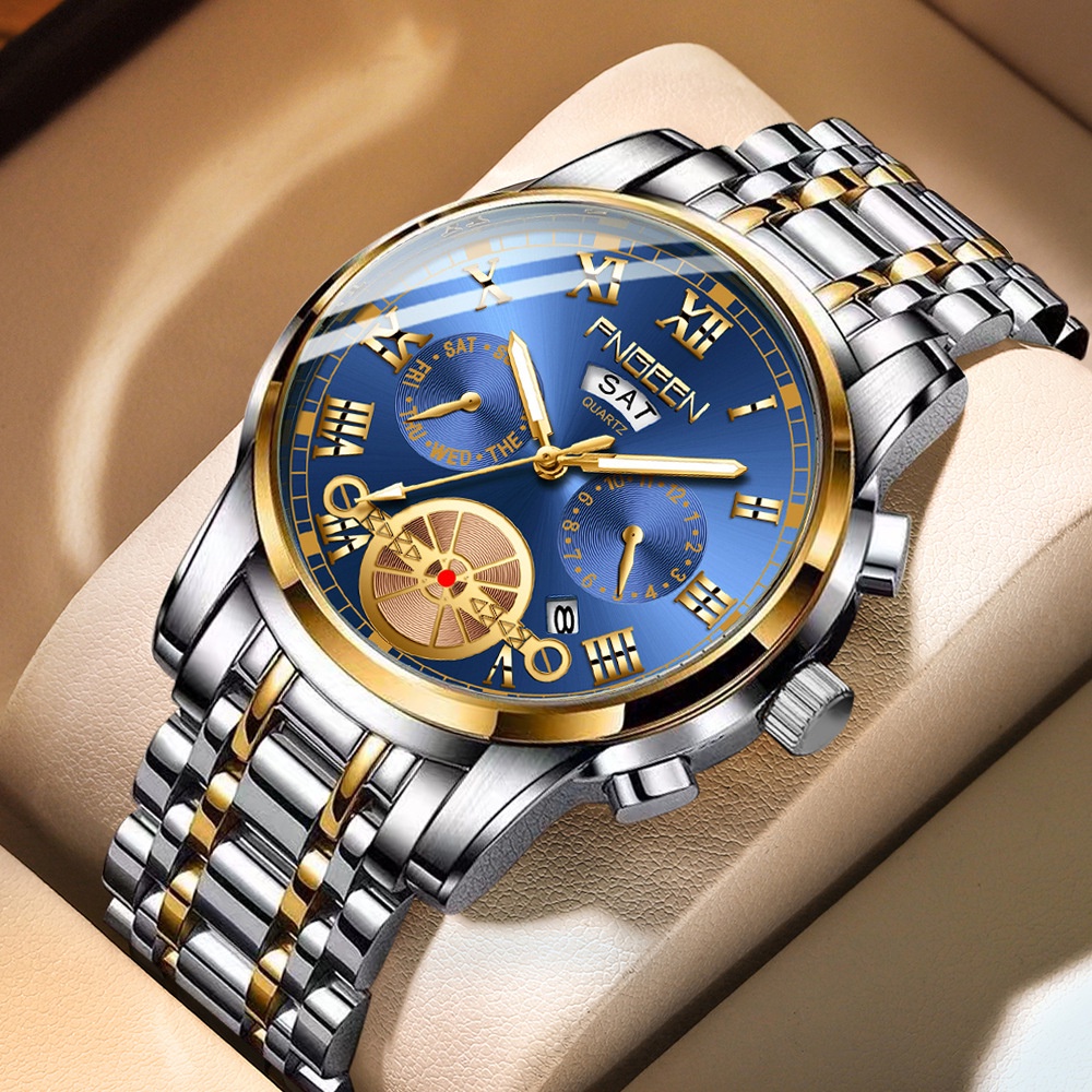 新款手錶男潮流時尚陀飛輪手錶男士石英鋼帶多功能非機械男表